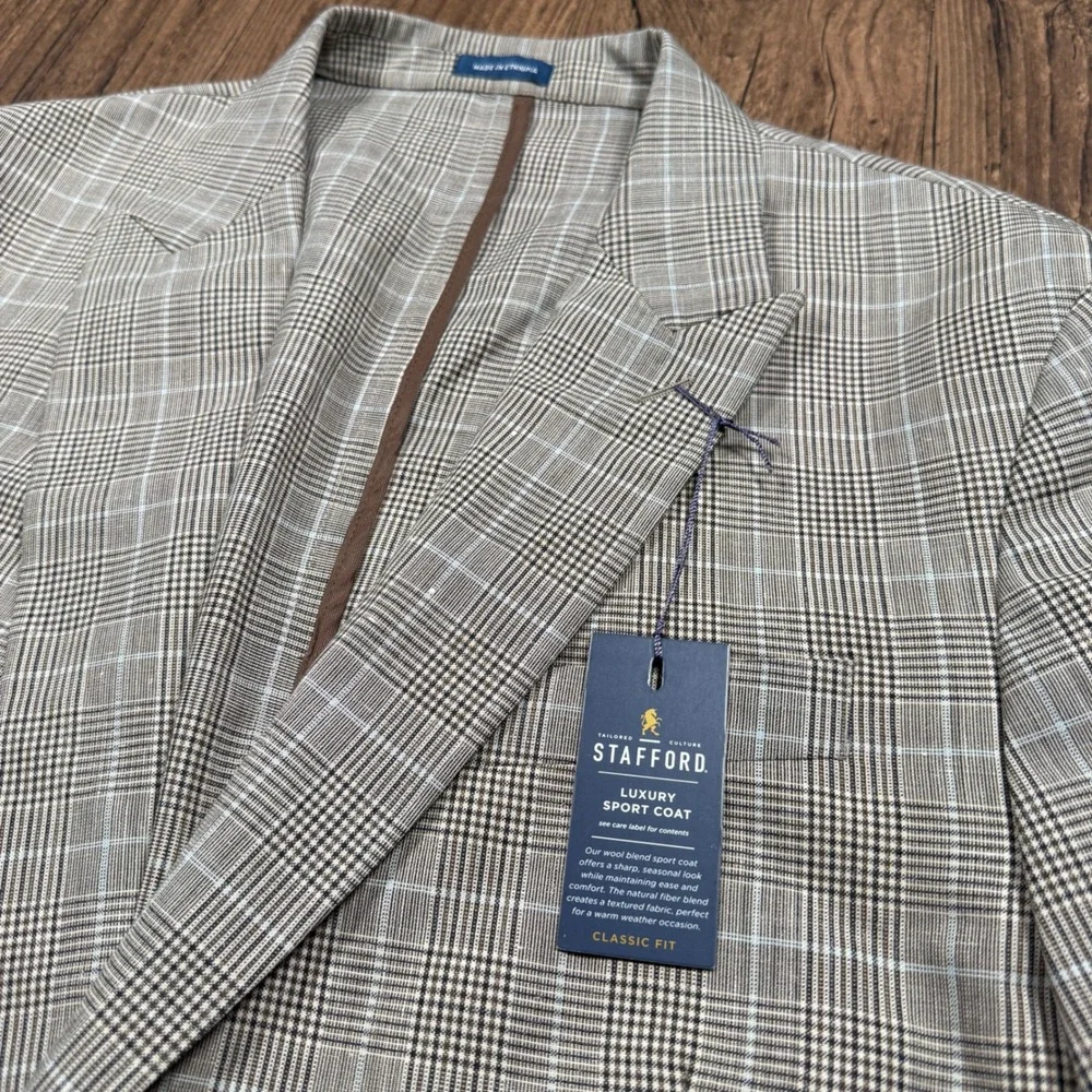 Stafford Luxury Sport Coat Men 46R Brown Glen Plaid Linen Blend Unstructured NWT
